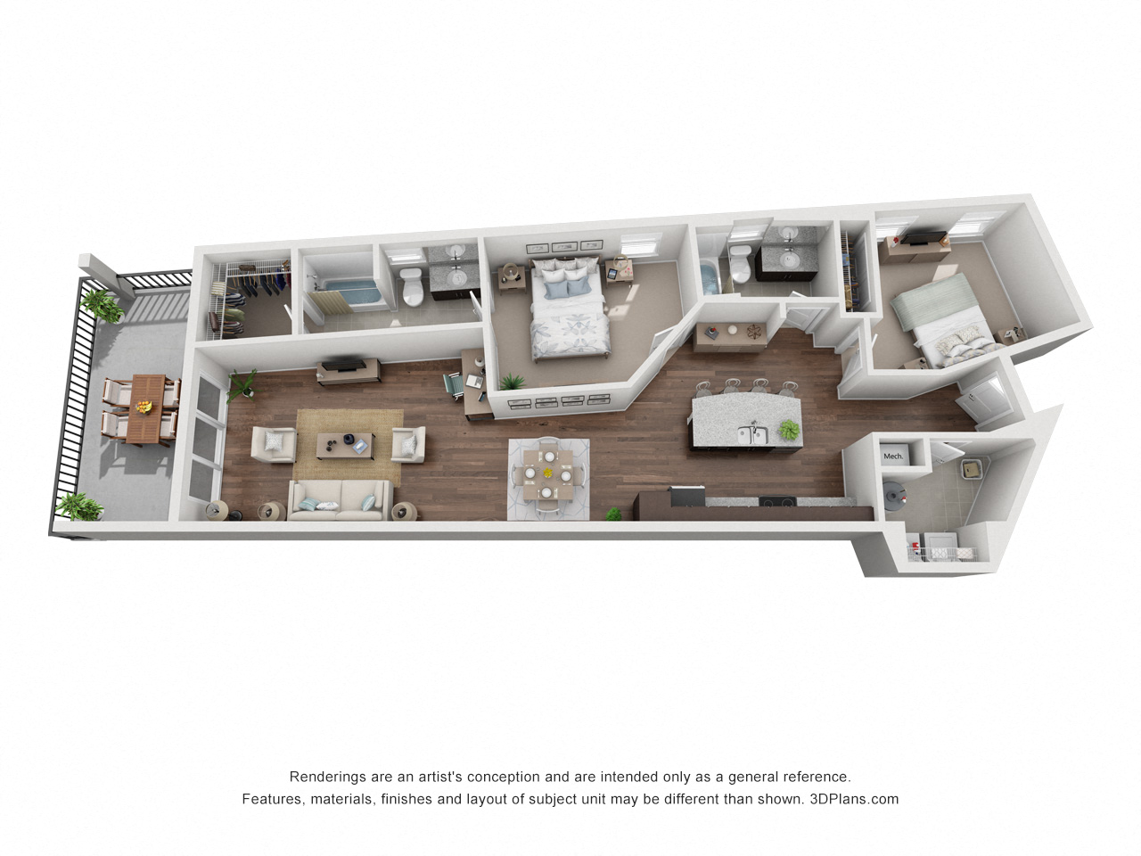 Floor plan for 2 beds, 2 baths, 1206 sqft